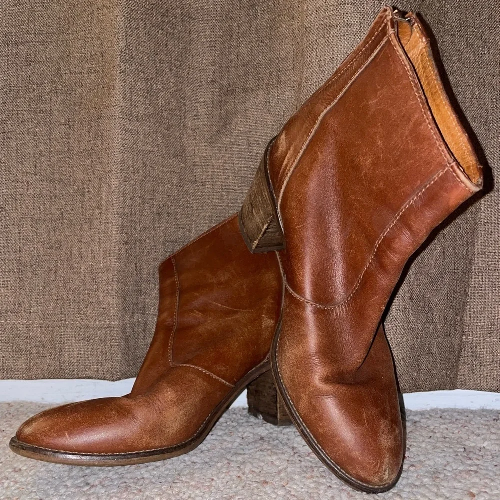 Madewell Brown Ankle Boot with Chunky Heel Western Leather Comfy Zip Up Cowgirl